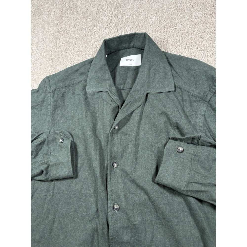 Eton Mens Flannel Shirt Large L Green Long Sleeve Luxury Button Up Collared